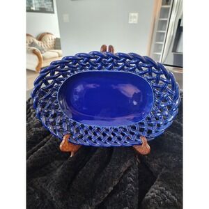 Vintage Primogif Italy Blue Ceramic Centerpiece Bowl: Basket-Weave Pottery